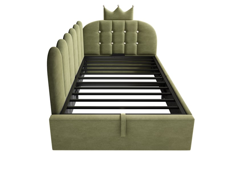  Canapé-lit rembourré 90 x 190 cm, avec espace de rangement, en l, orné d'un motif en treillis en forme de couronne, en velours,  vert  - Conforama R