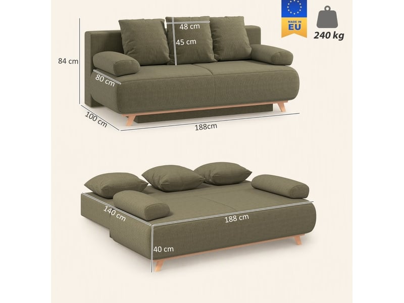 Canapé convertible 3 places avec dossier réglable, coffre de rangement et coussins en velours côtelé vert foncé - Conforama C