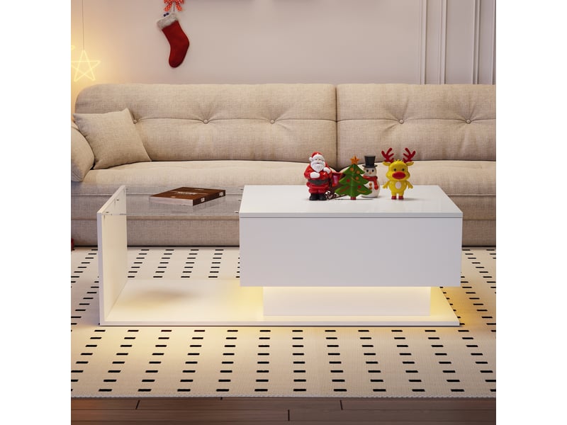 Table basse de salon blanche finition brillante avec plateau en verre et éclairage led - 1 tiroir - 100x50x32 cm - Conforama R