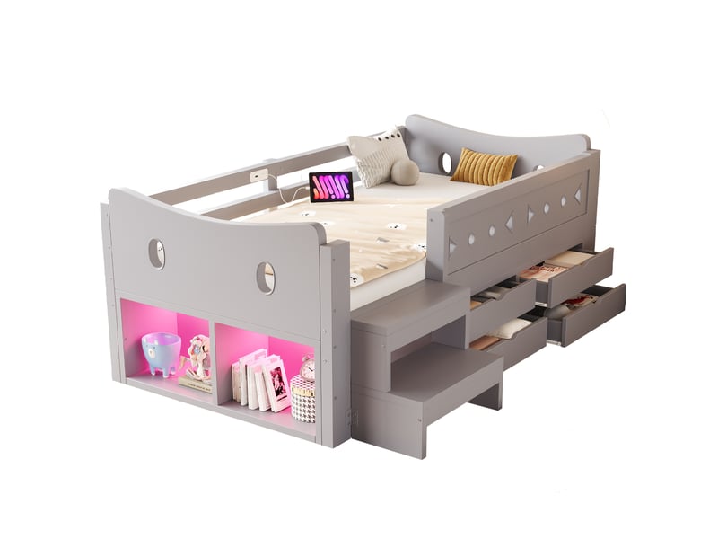 Lit simple enfant 90x200 cm - gris - 4 tiroirs, rangements, led et ports usbtype-c - sans matelas - Conforama A