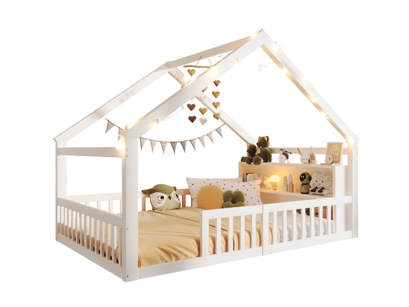  Lit enfant cabane 140 x 190 cm blanc avec barrières, étagères et perles led  - Conforama A