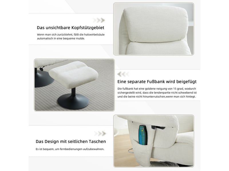  Fauteuil massant 77x75,5x100 cm, relax inclinable électrique, pivotant à 360°, repose-pieds, chenille, couleur blanc  - Conforama E