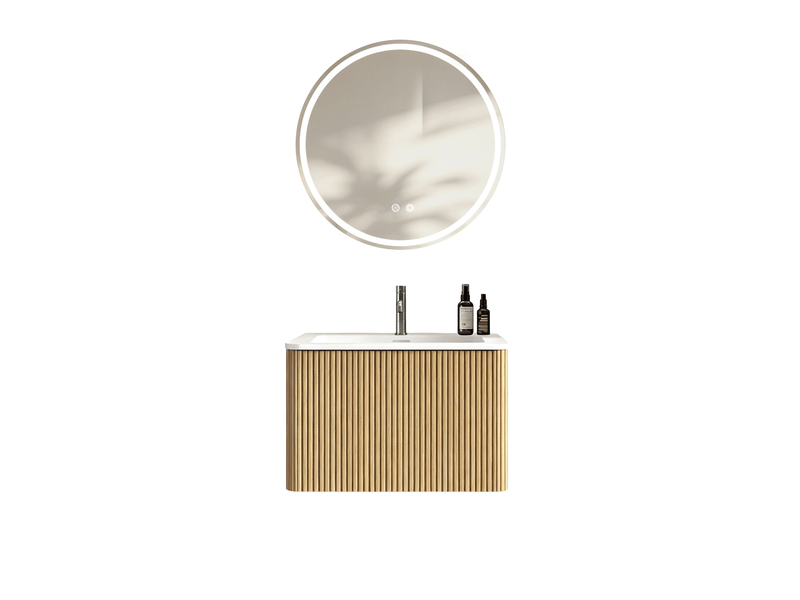  Meuble vasque suspendu 61 cm en bois clair avec miroir led rond réglable, 1 tiroir et vasque intégrée  - Conforama A