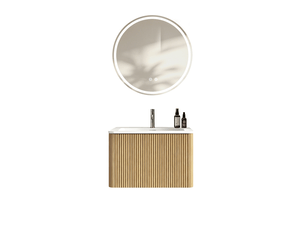 Meuble vasque suspendu 61 cm en bois clair avec miroir led rond réglable, 1 tiroir et vasque intégrée