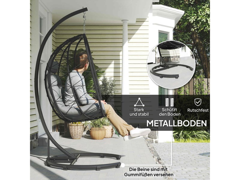  Fauteuil suspendu sur pied pliable en résine tressée gris foncé 102x102x195 cm  - Conforama E