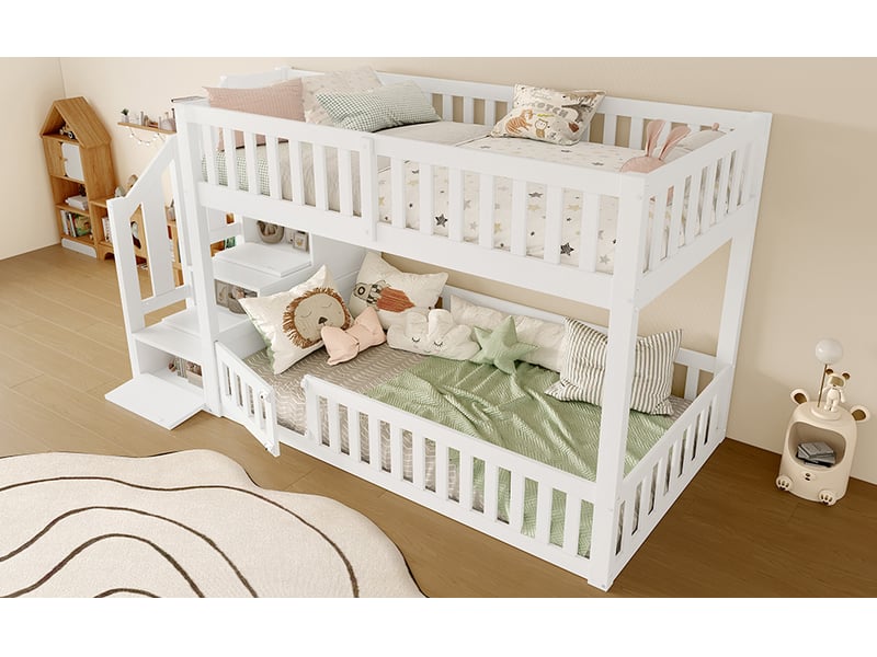  Lit superposé 90 × 200 cm, 2 couchages, escalier avec rangements, portillon au couchage inférieur, pin et mdf, blanc  - Conforama B