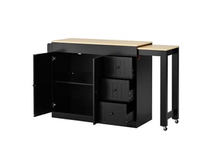 Îlot de cuisine sur roulettes avec espace repas extensible, desserte de cuisine noire avec étagère à épices et tiroirs