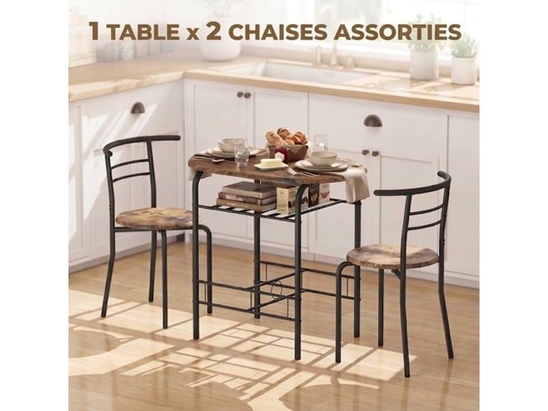  Ensemble table et 2 chaises de salle à manger, 80x52x76 cm, style industriel marron rustique  - Conforama D