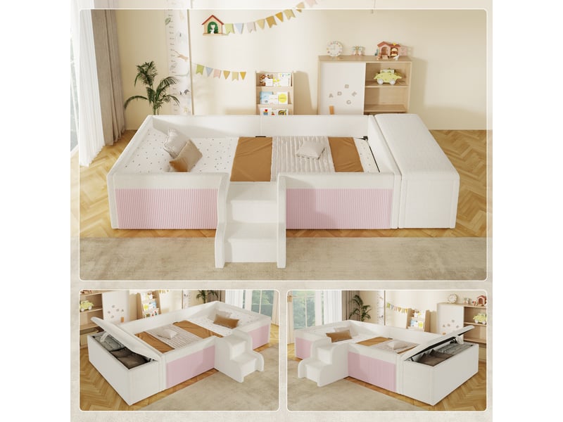 Lit capitonné 90x190 cm avec petit escalier et banc coffre mobile, bouclé, blanc - Conforama B