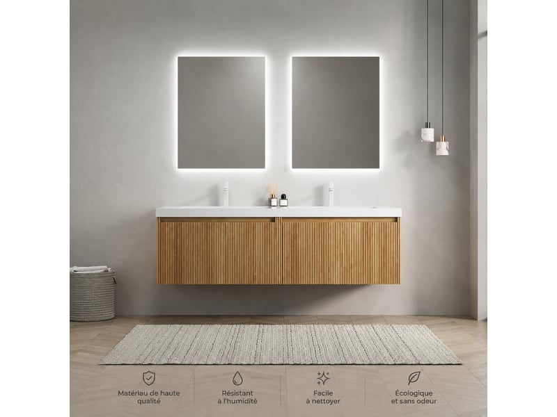  Meuble double vasque suspendu 140 cm avec 2 vasques blanches, finition bois naturel  - Conforama E