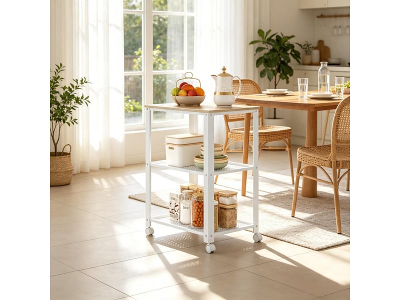  Desserte de cuisine à roulettes 3 niveaux, chariot de service bois et métal, meuble micro-ondes sur roulettes, 60x40x76cm, blanc et chêne  - Conforama B