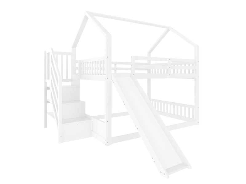  Lit superposé enfant blanc 140 × 200 cm, style maison, escalier avec rangement et toboggan  - Conforama E
