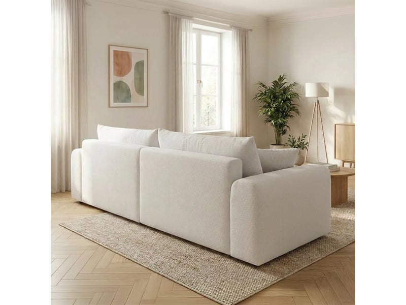  Canapé d'angle convertible beige 4 places tissu bouclé + coffre belair  - Conforama D
