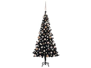 Sapin de noël, arbre de noël artificiel pré-éclairé et boules noir 150 cm pvc