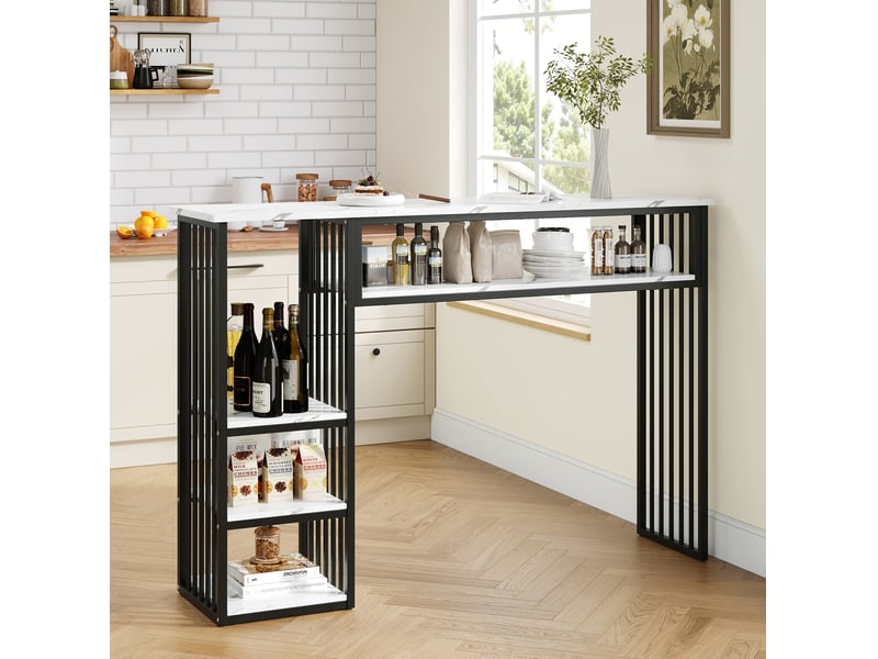 Table de bar 140x40x105 cm avec rangements, décor marbre blanc et noir - Conforama B