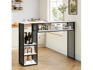 Table de bar 140x40x105 cm avec rangements, décor marbre blanc et noir