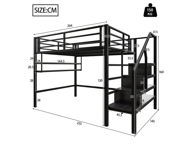 Lit mezzanine enfant 140 × 200 cm 2 places avec étagères, escalier de rangement et barrière, sans matelas, métal noir - Conforama D