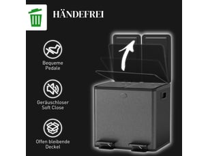 Poubelle double 2x15 l noire, ouverture à pédale, inox et plastique, facile à nettoyer