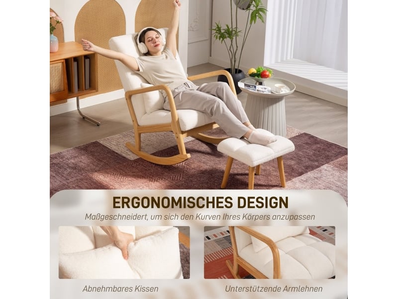  Fauteuil à bascule 82 x 64,5 x 99 cm blanc en bois, avec repose-pieds, dossier haut et accoudoirs pour salon  - Conforama E