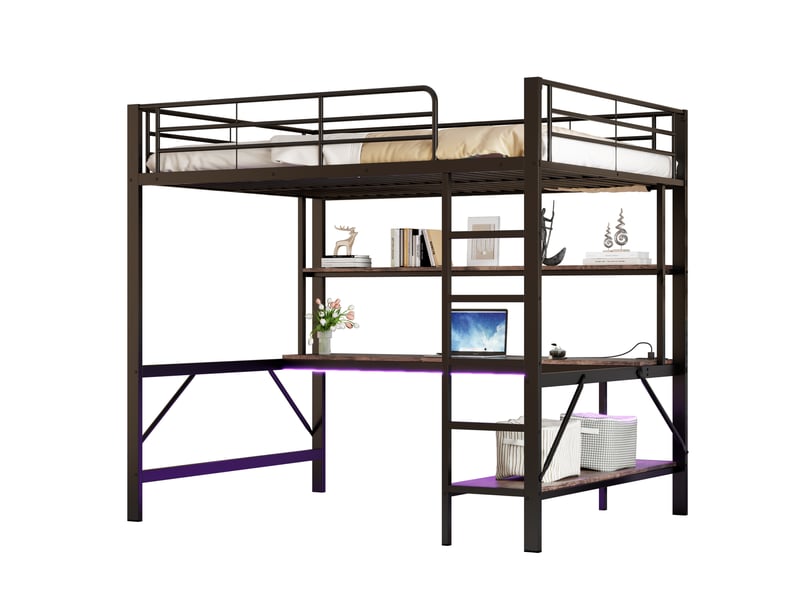  Lit mezzanine enfant 140 x 200 cm noir avec bureau, étagères, led, prise et usb  - Conforama A