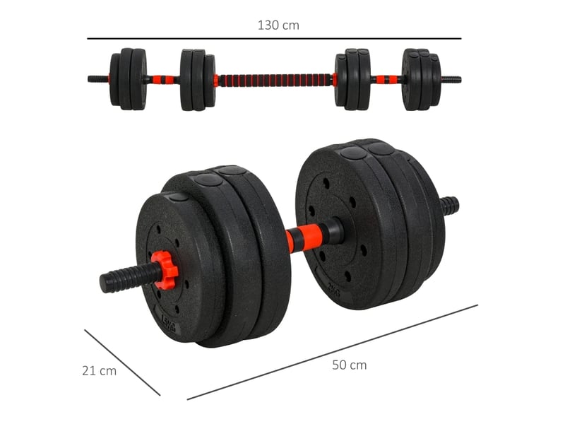  Set d'haltères réglables 2 en 1 25 kg 21x21x50 cm – noir – convertible en barre longue, entraînement maison  - Conforama C