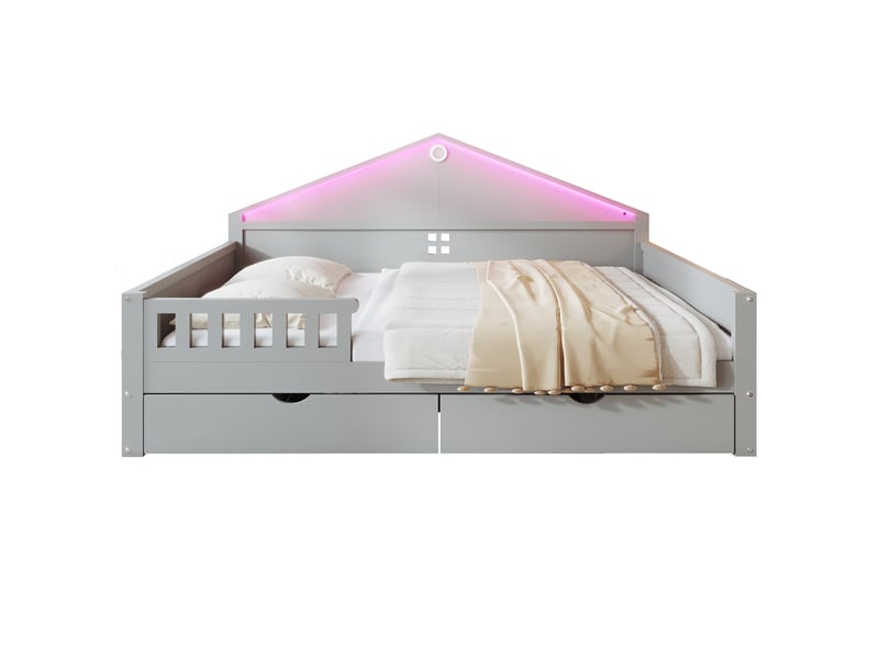  Lit enfant multifonctionnel 140x200 cm - lit 2 places avec rangement, 2 tiroirs, led et sommier à lattes - gris  - Conforama A