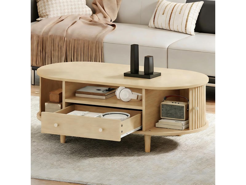 Table basse 100x50x36 cm bois tiroir rangement ouvert porte coulissante 4 pieds table d’appoint  - Conforama E