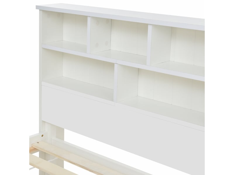  Lit simple 90x200 cm avec rangements et bibliothèque, pin et mdf, blanc, sans matelas  - Conforama E