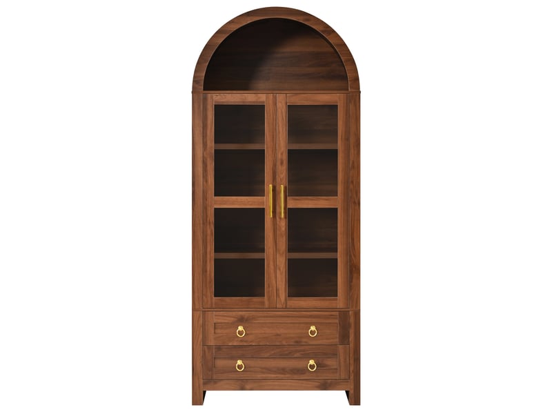  Vitrine rétro à 2 portes vitrées et 2 tiroirs, 76 x 40 x 180 cm, avec éclairage led et design arrondi, coloris noyer  - Conforama A