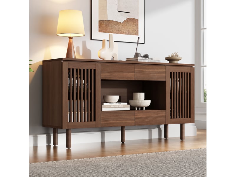  Buffet 140 x 35 x 71 cm avec 4 tiroirs et 2 portes à lames, mdf et pieds en bois, coloris noyer  - Conforama B