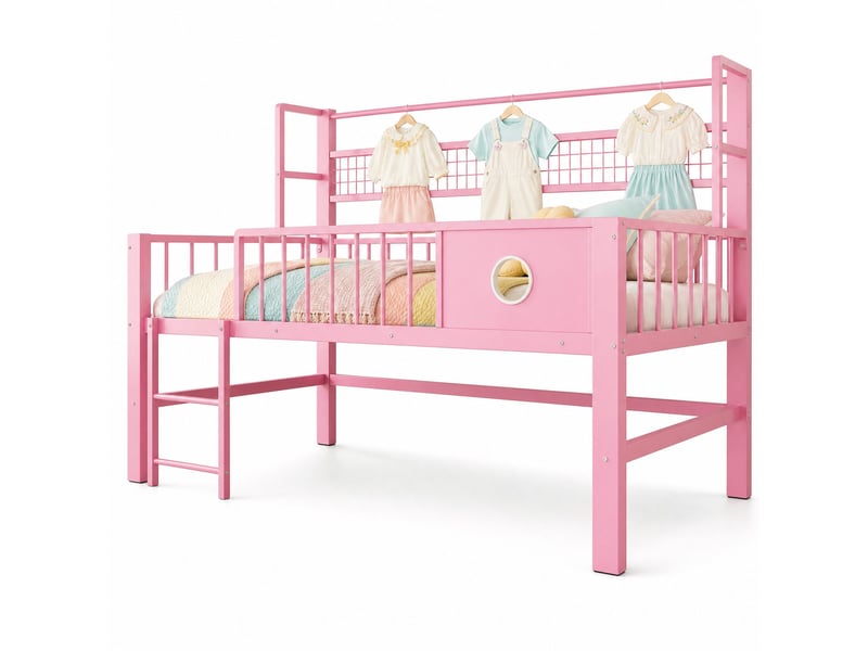  Lit mezzanine bas enfant 90 x 200 cm avec rangement, métal et mdf, rose  - Conforama A