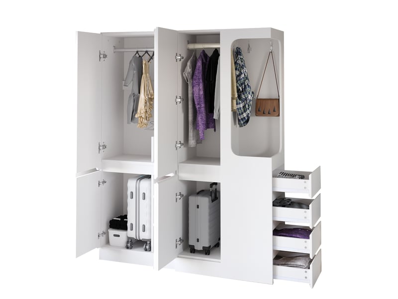  Armoire grand volume 140x40x170 cm, avec double porte et penderie ouverte, 4 tiroirs et rangements, bois, blanc  - Conforama A