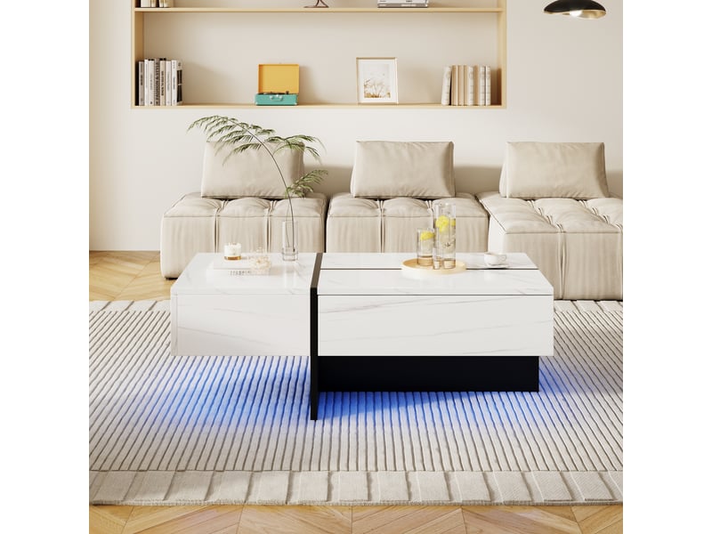  Table basse effet marbre blanc brillant avec led contrôlable par application, 3 tiroirs, 100x50x34.5 cm  - Conforama C
