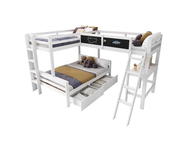  Lit combiné enfant avec bureau étagère et tiroirs pour chambre en bois blanc et chêne  - Conforama A