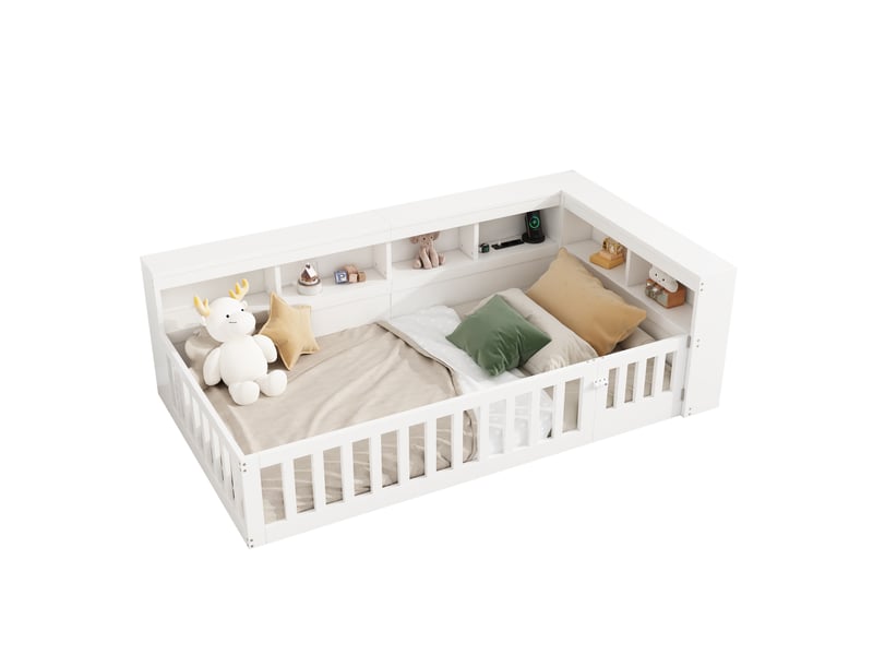 Lit enfant 90x200cm, sommier, garde-corps, tête de lit, port usb, rangement inclus, aggloméré, blanc, sans matelas - Conforama A