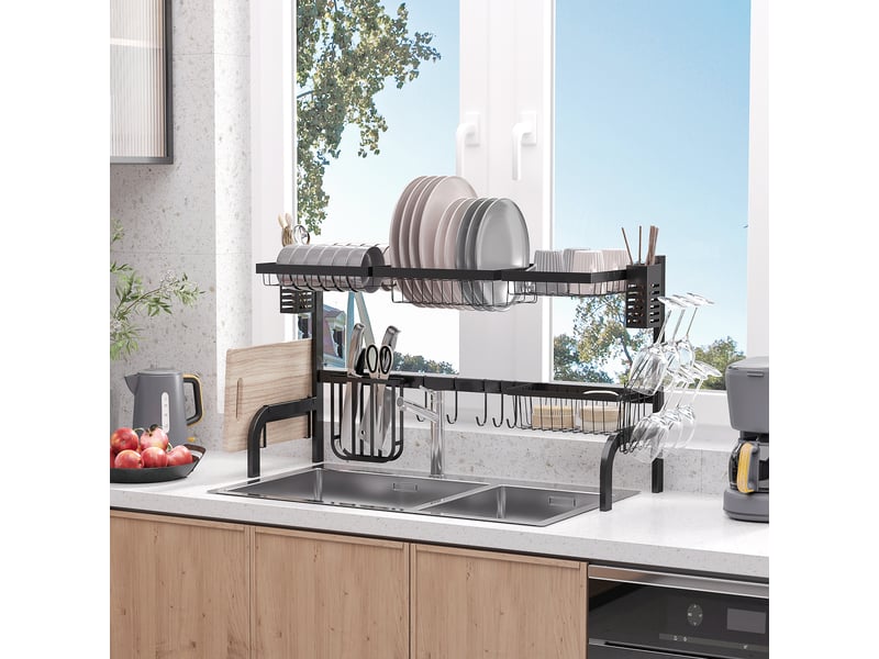  Égouttoir à vaisselle à 2 niveaux en acier inoxydable avec planche à découper et porte-couverts, 100 x 30 x 52,5 cm, noir  - Conforama C