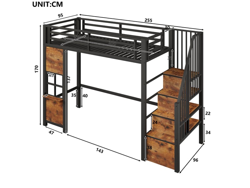  Lit mezzanine enfant 90x200 cm avec escalier de rangement noir  - Conforama C