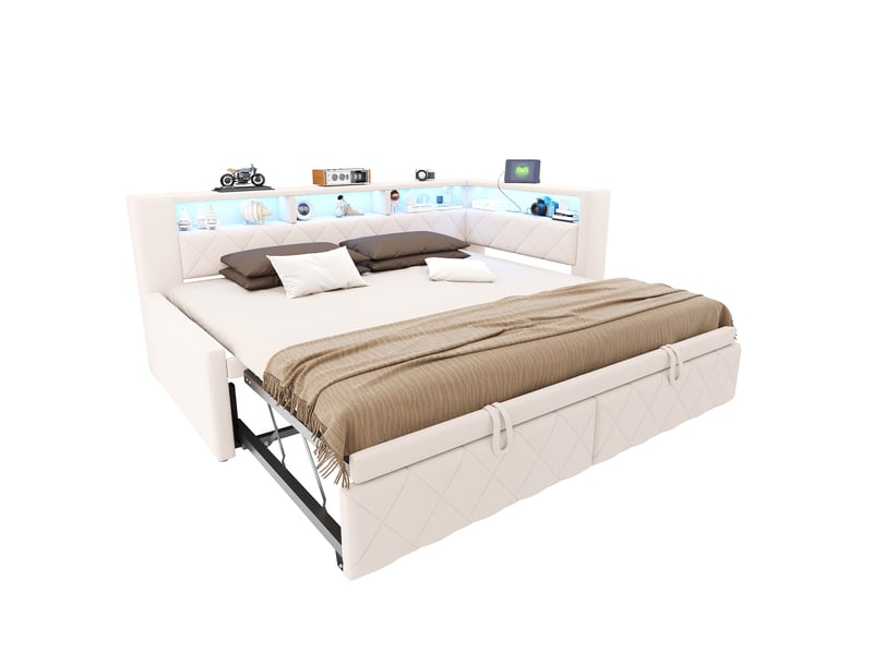  Canapé-lit 90 × 200 cm 180 × 200 cm – avec lit gigogne – éclairage led inclus – prise électrique incluse – revêtement en lin – beige (matelas non inclus)  - Conforama A