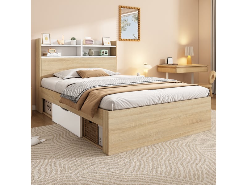  Lit avec rangement 90x200 cm, 2 tiroirs et rangements ouverts, bois blanc et chêne  - Conforama W