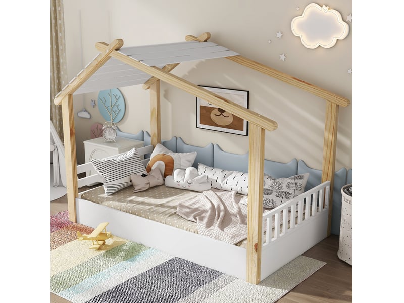  Lit cabane enfant 90x190 cm, sommier à lattes en contreplaqué, pin et mdf, blanc et naturel, sans matelas  - Conforama D
