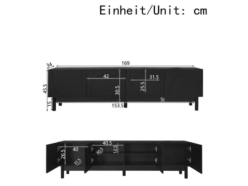  Meuble tv modenvie 4 portes sans poignées avec rangement 169 x 34 x 45,5 cm noir  - Conforama C