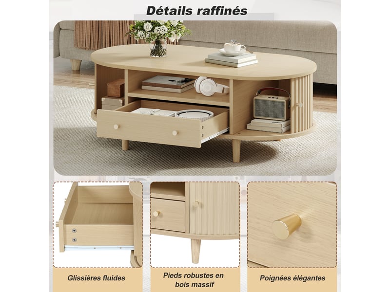  Table basse ovale avec tiroir et portes à rideau, mdf et placage bois, 100 x 50 x 36 cm, coloris chêne  - Conforama R