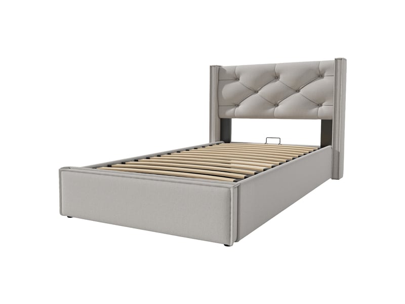 Lit coffre rembourré 90 x 200 cm en tissu coton gris clair, sommier à lattes, tête de lit capitonnée 830607AAH - Conforama A