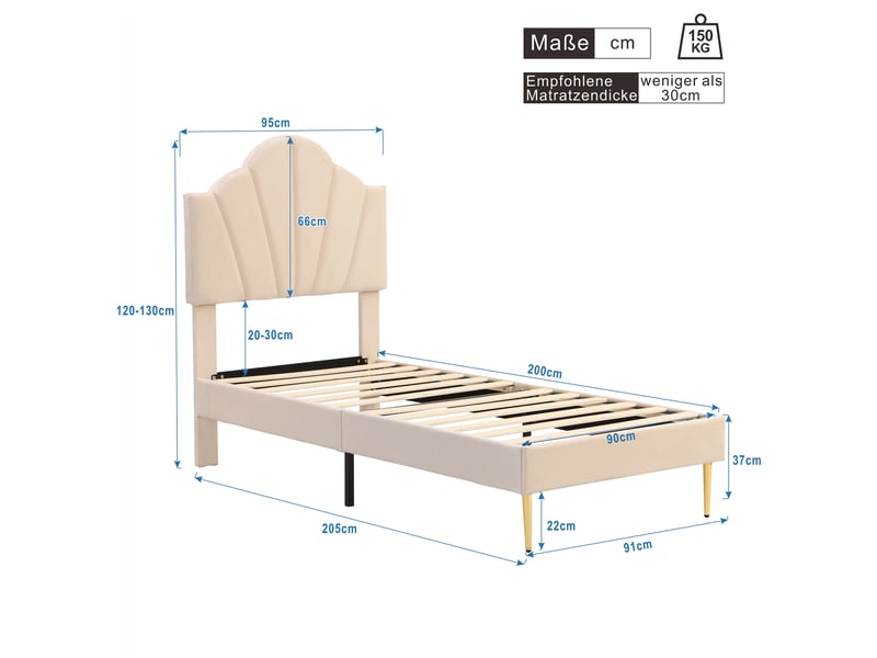 Lit simple 90x200 cm en velours beige à tête de lit réglable  - Conforama E