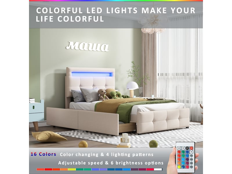  Lit simple 90x200 cm en tissu beige, led, 2 tiroirs de rangement, lit enfant et ado  - Conforama B