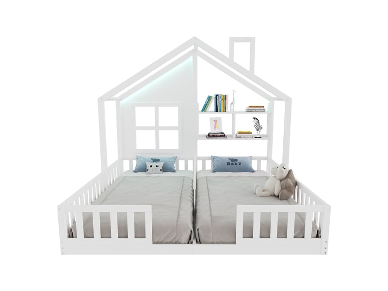  Lit simple enfant 90 x 200 cm, éclairage led, barrières de sécurité et étagères de rangement, sommier à lattes inclus, blanc  - Conforama A