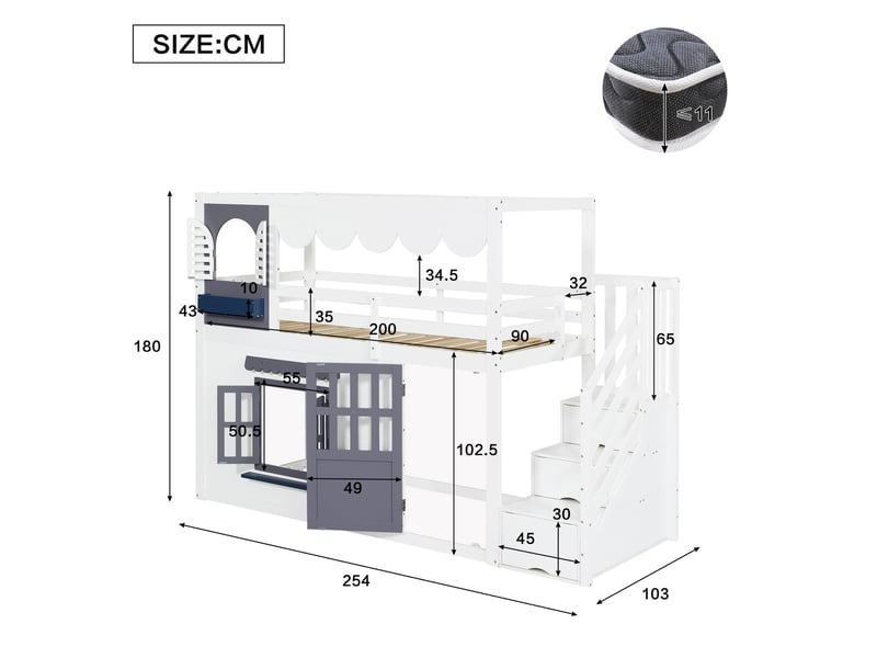  Lit mezzanine enfant 90 × 200 cm 1 place avec escalier de rangement et fenêtres ouvrantes, sans matelas, blanc bleu  - Conforama D