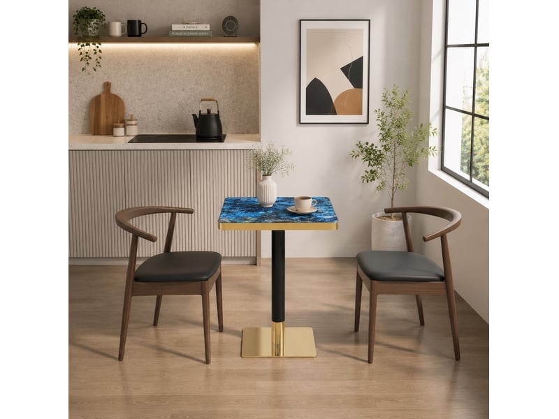  Table de salle à manger carrée 60 x 60 cm effet marbre bleu avec pied en métal  - Conforama D