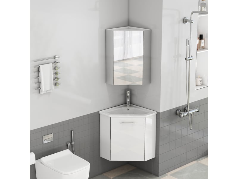  Ensemble meuble d’angle de salle de bain blanc avec vasque céramique et armoire miroir  - Conforama B