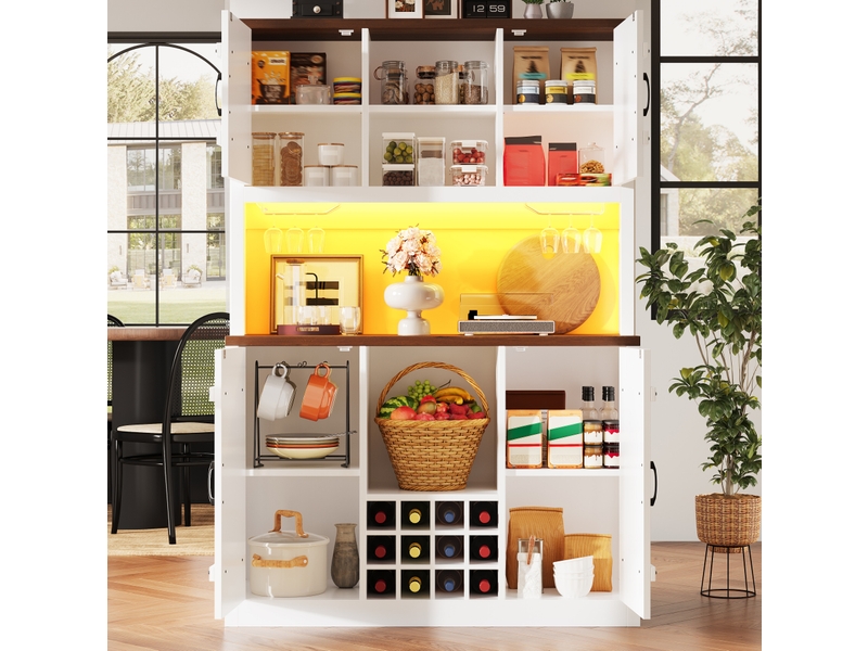  Haut meuble de cuisine 120x40x180 cm à portes style grange avec éclairage rgb led, rangements fermés et étagère ouverte, aspect vintage industriel, étagères réglables, porte-bouteilles, mdf, blanc  - Conforama E